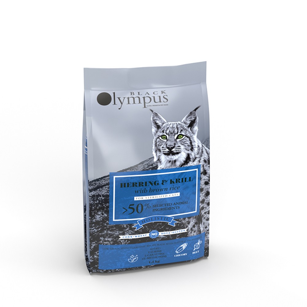 BLACK OLYMPUS CAT STERILIZED HERRING & KRILL & BROWN RICE Για στειρωμένες ενήλικες γάτες με ρέγγα και κριλ με καστανό ρύζι 1,5kg